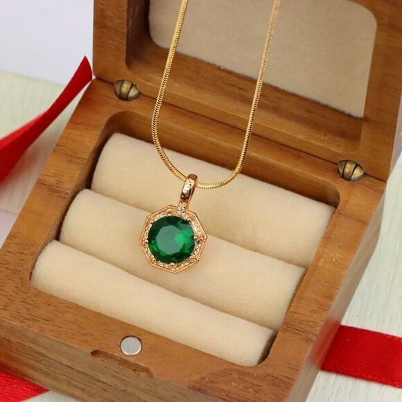 "Elegant Green Gem Pendant in Rose Gold Octagon Frame, XPPT1388 - Picture 6 of 13